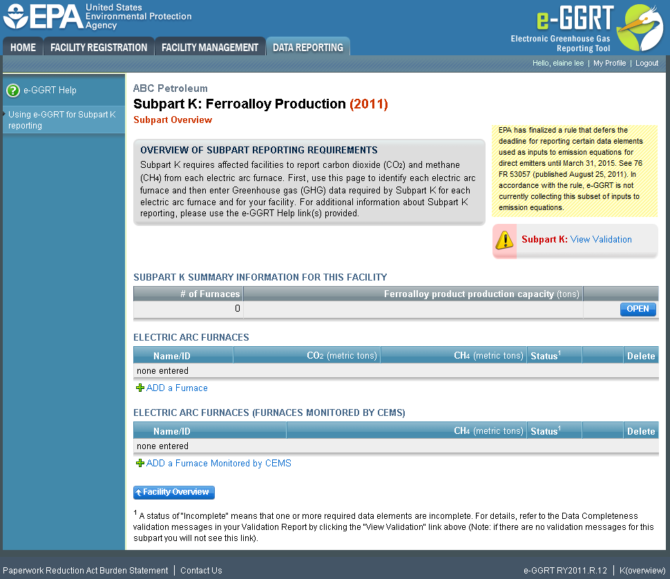 Subpart K Reporting Form image